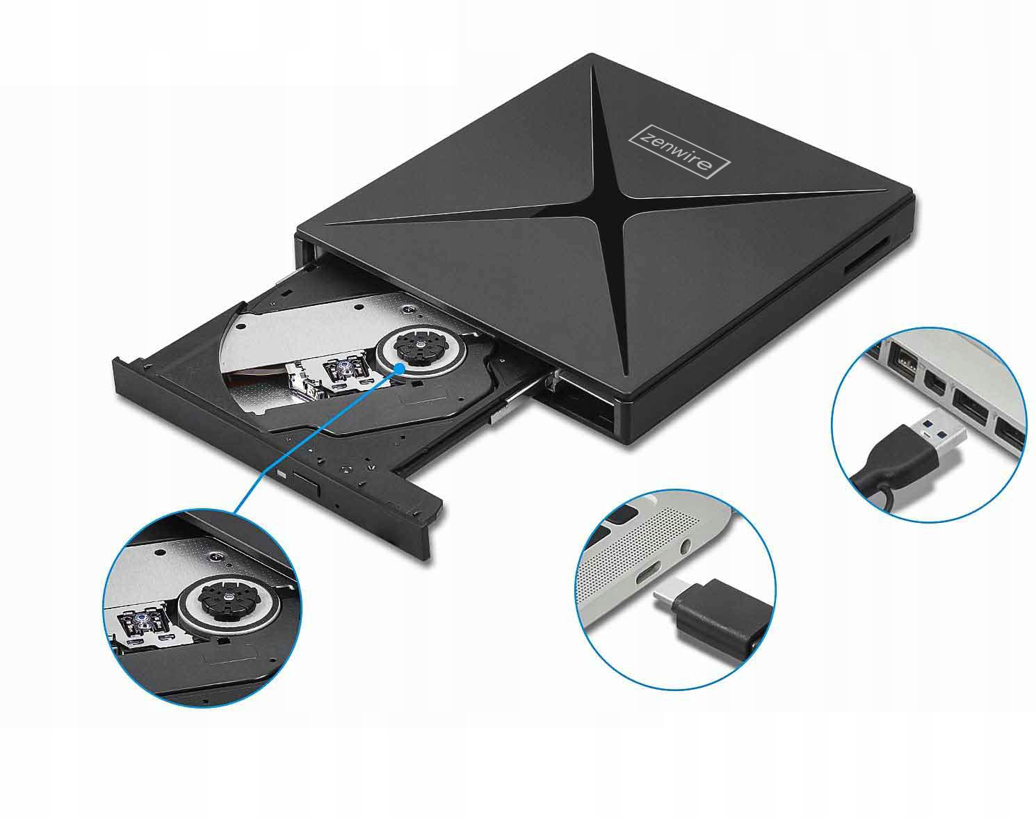 Lecteur DVD-CD-RW externe portable avec hub USB-C et USB 3.0 Zenwire 4-en-1 et lecteur de carte SD Zenwire SY885