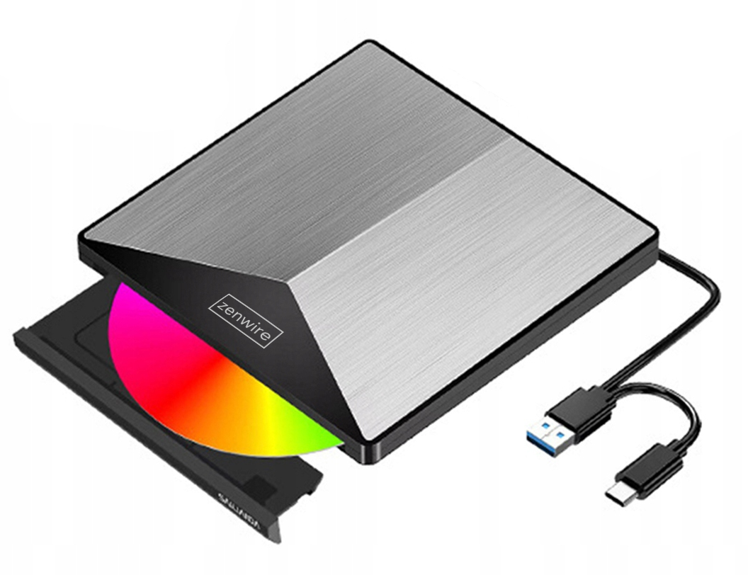 Lecteur externe portable DVD/CD-RW 2-en-1 avec ports USB 3.0 et USB-C 3.1 pour ordinateur portable et PC - Graveur en aluminium Zenwire SY881