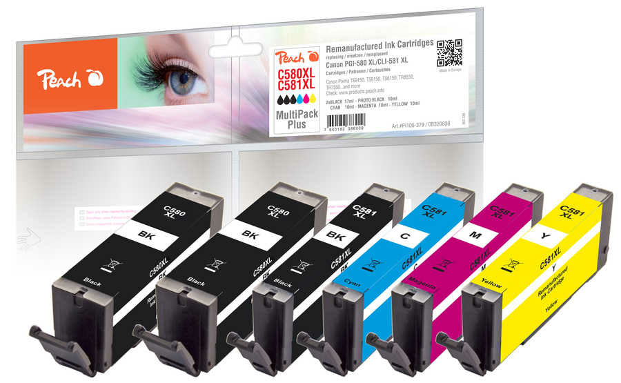 Peach PI100-379 cartouche d'encre 6 pièce(s) Compatible Rendement élevé (XL) Noir, Cyan, Magenta, Jaune