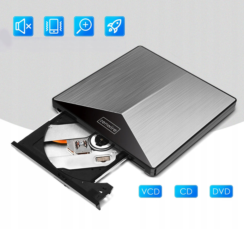 Lecteur externe portable DVD/CD-RW 2-en-1 avec ports USB 3.0 et USB-C 3.1 pour ordinateur portable et PC - Graveur en aluminium Zenwire SY881