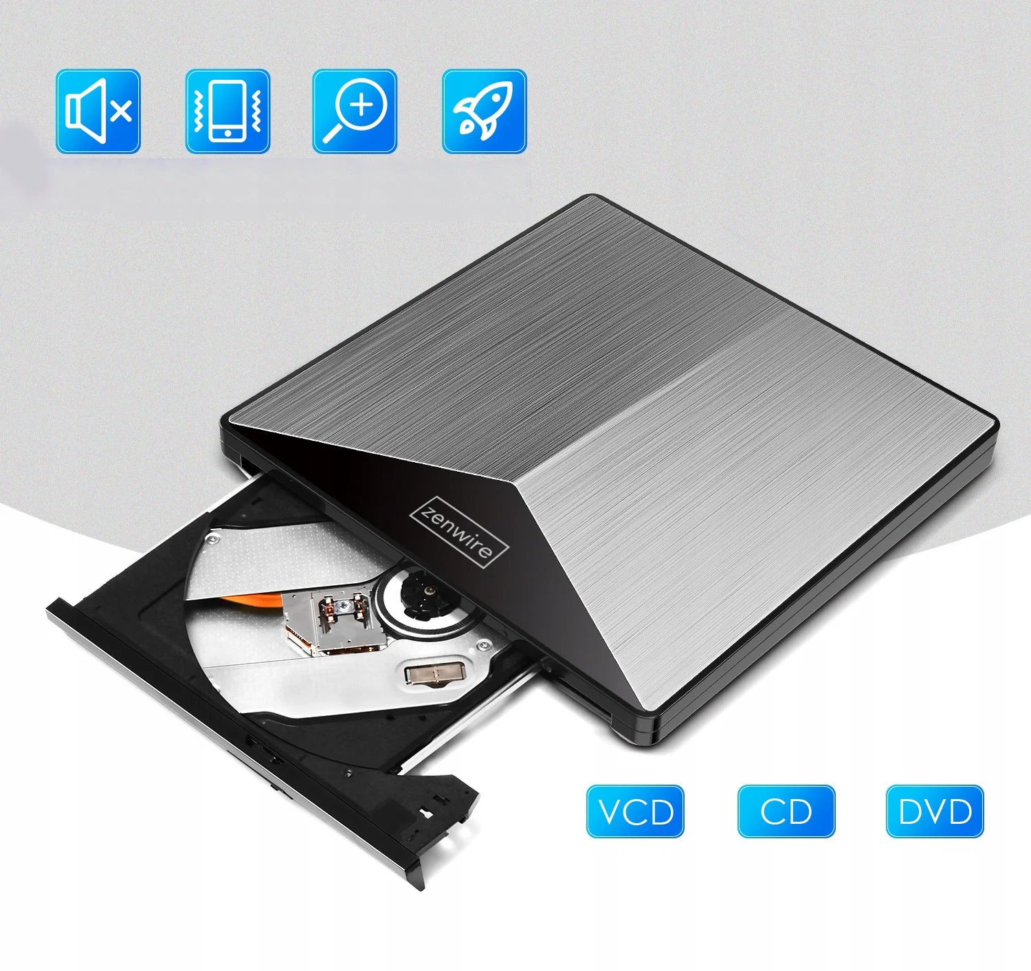 Lecteur externe portable DVD/CD-RW 2-en-1 avec ports USB 3.0 et USB-C 3.1 pour ordinateur portable et PC - Graveur en aluminium Zenwire SY881