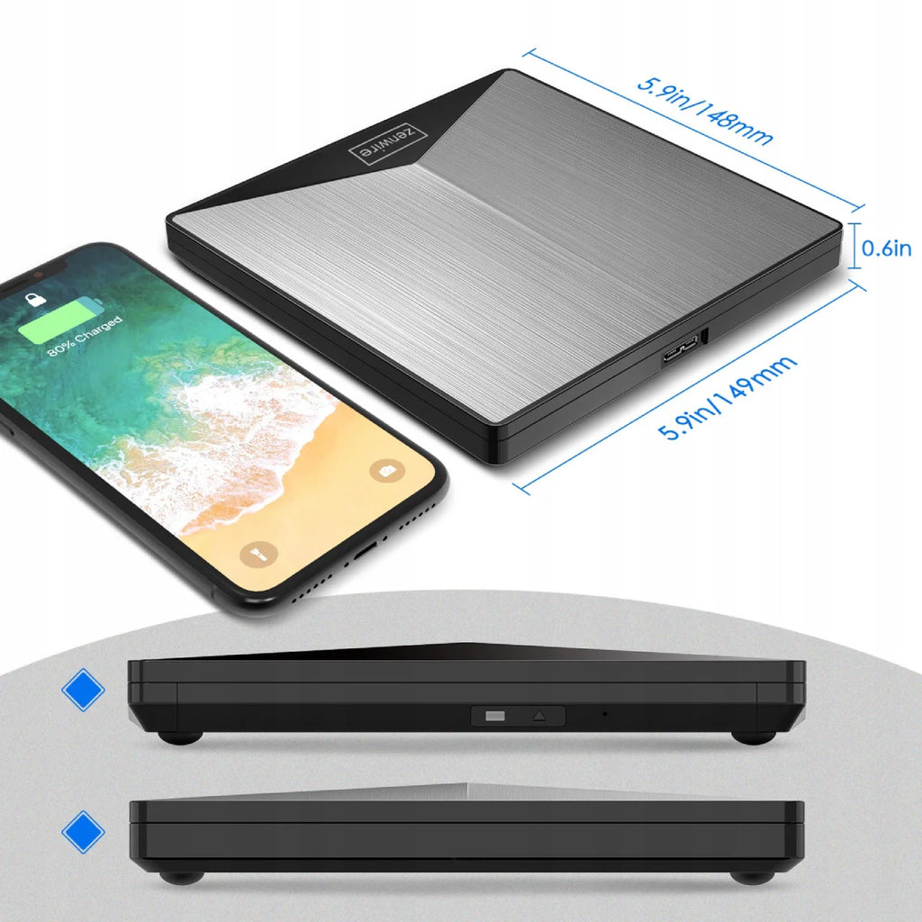 Lecteur externe portable DVD/CD-RW 2-en-1 avec ports USB 3.0 et USB-C 3.1 pour ordinateur portable et PC - Graveur en aluminium Zenwire SY881