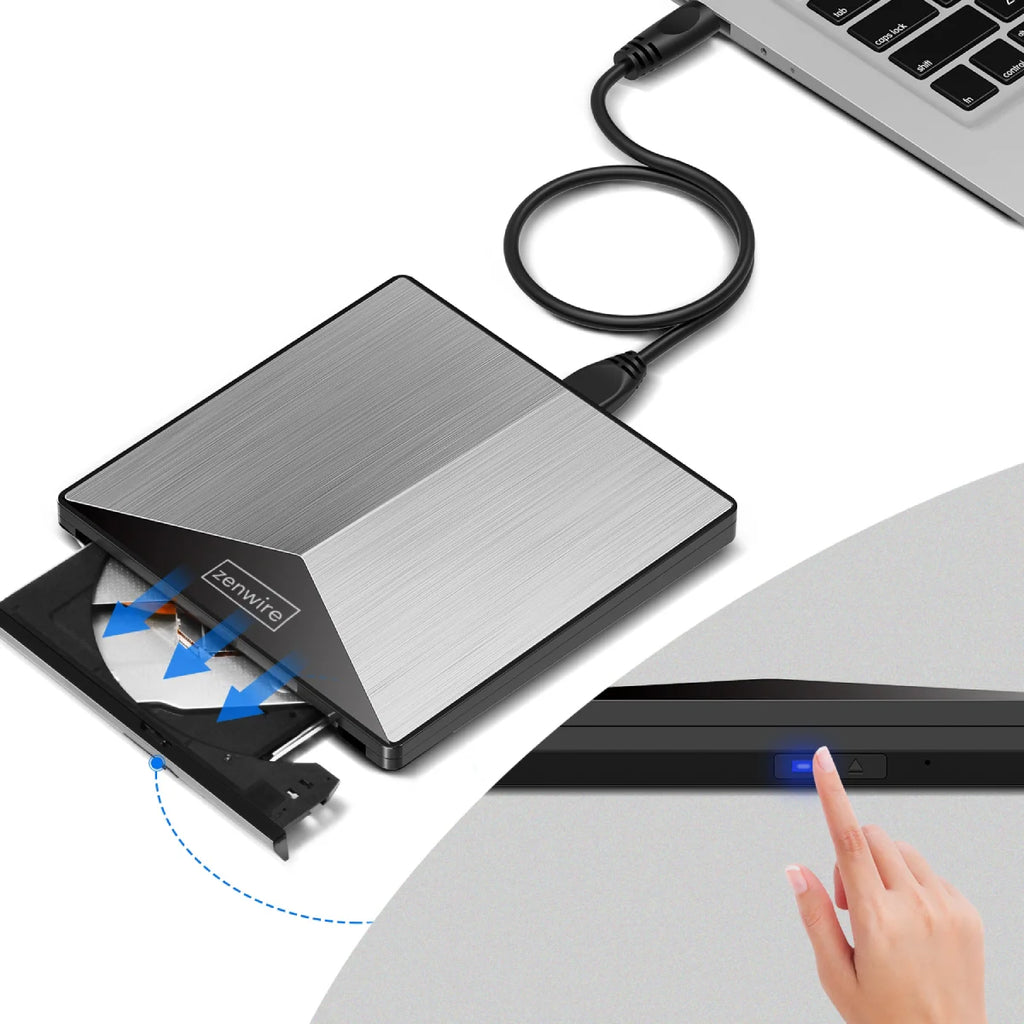 Lecteur externe portable DVD/CD-RW 2-en-1 avec ports USB 3.0 et USB-C 3.1 pour ordinateur portable et PC - Graveur en aluminium Zenwire SY881