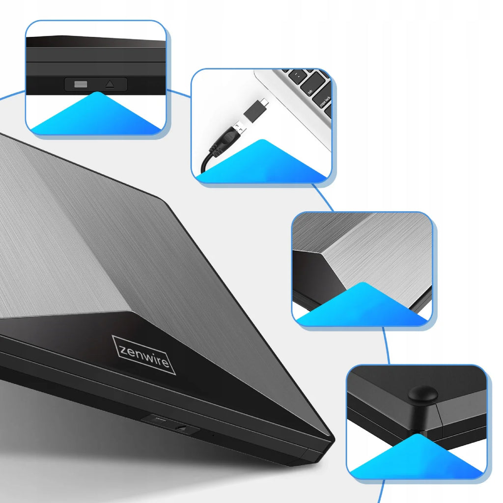Lecteur externe portable DVD/CD-RW 2-en-1 avec ports USB 3.0 et USB-C 3.1 pour ordinateur portable et PC - Graveur en aluminium Zenwire SY881