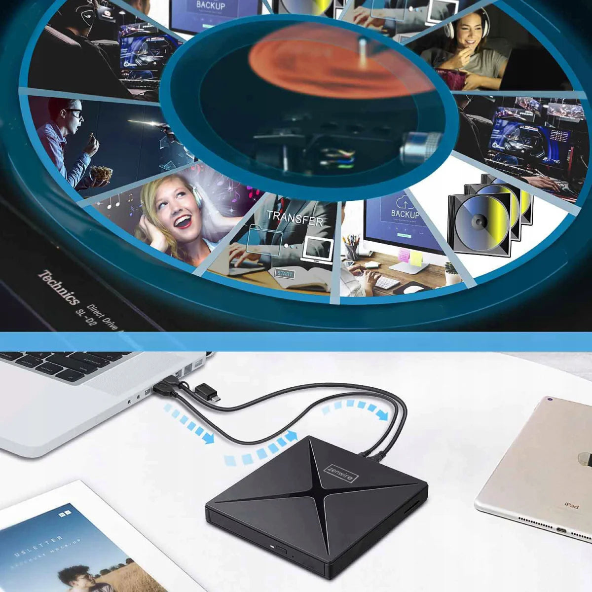 Lecteur DVD-CD-RW externe portable avec hub USB-C et USB 3.0 Zenwire 4-en-1 et lecteur de carte SD Zenwire SY885