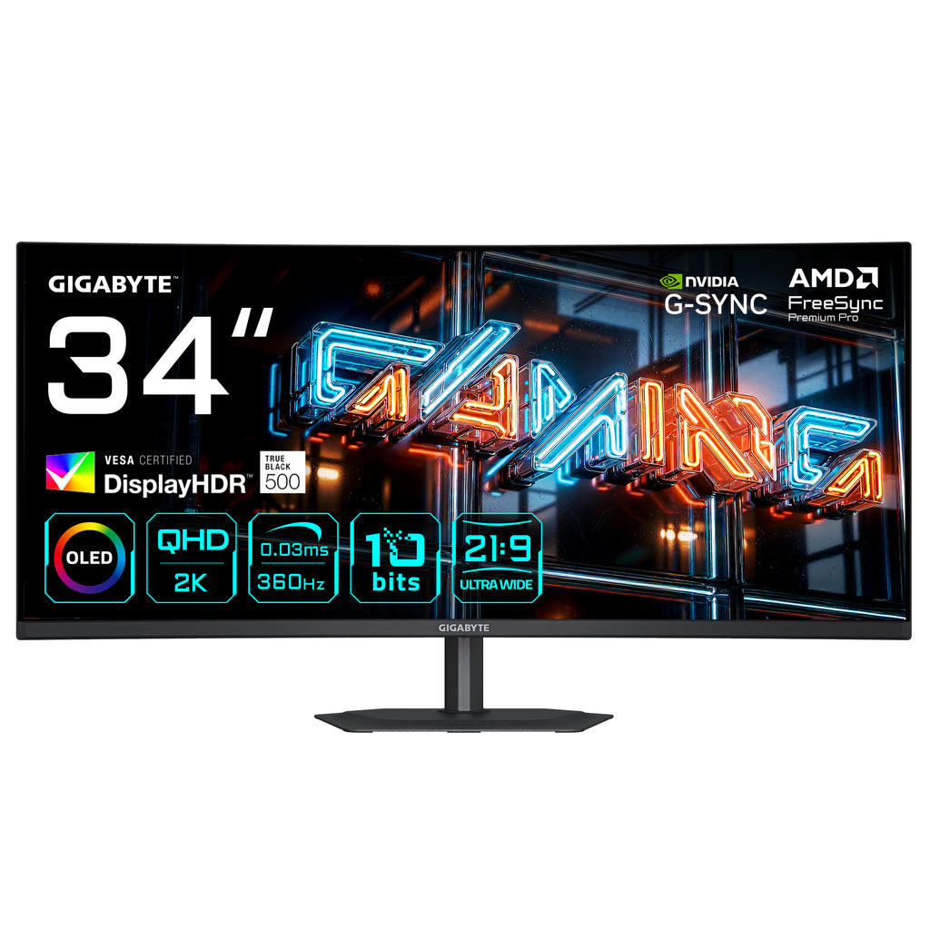 GIGABYTE MO34WQC36 Moniteur Gaming Incurvé 34” WQHD - 3440 x 1440, 360Hz, 0.03ms, KVM, 300 cd/m², FreeSync Premium Pro, DisplayHDR True Black 500, HDMI 2.1, DisplayPort 2.1