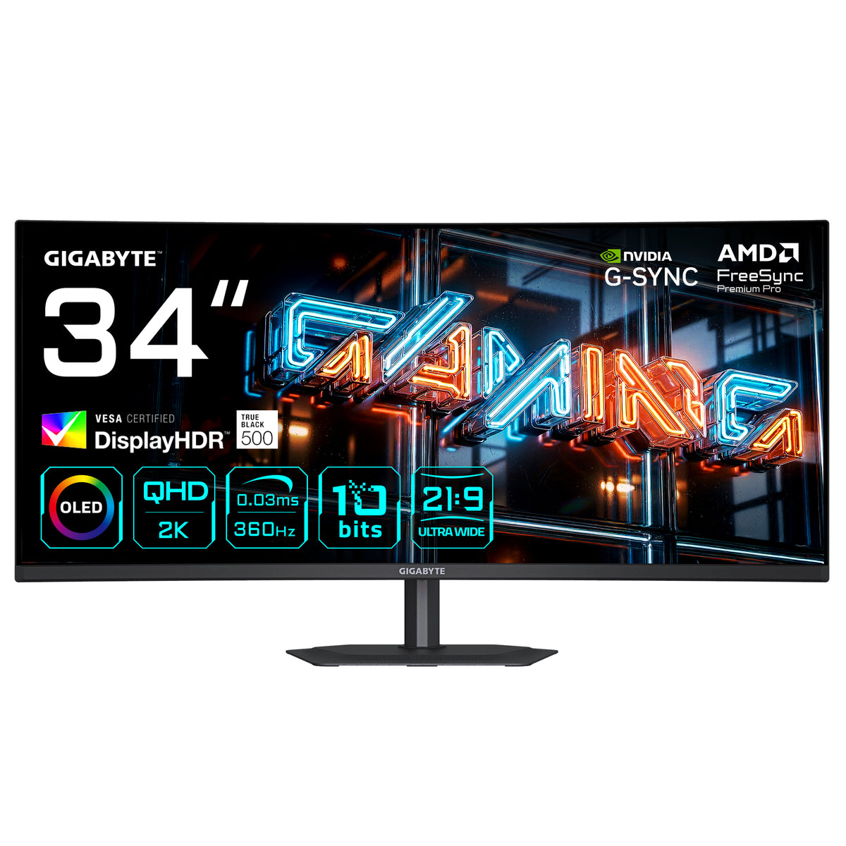 GIGABYTE MO34WQC36 Moniteur Gaming Incurvé 34” WQHD - 3440 x 1440, 360Hz, 0.03ms, KVM, 300 cd/m², FreeSync Premium Pro, DisplayHDR True Black 500, HDMI 2.1, DisplayPort 2.1