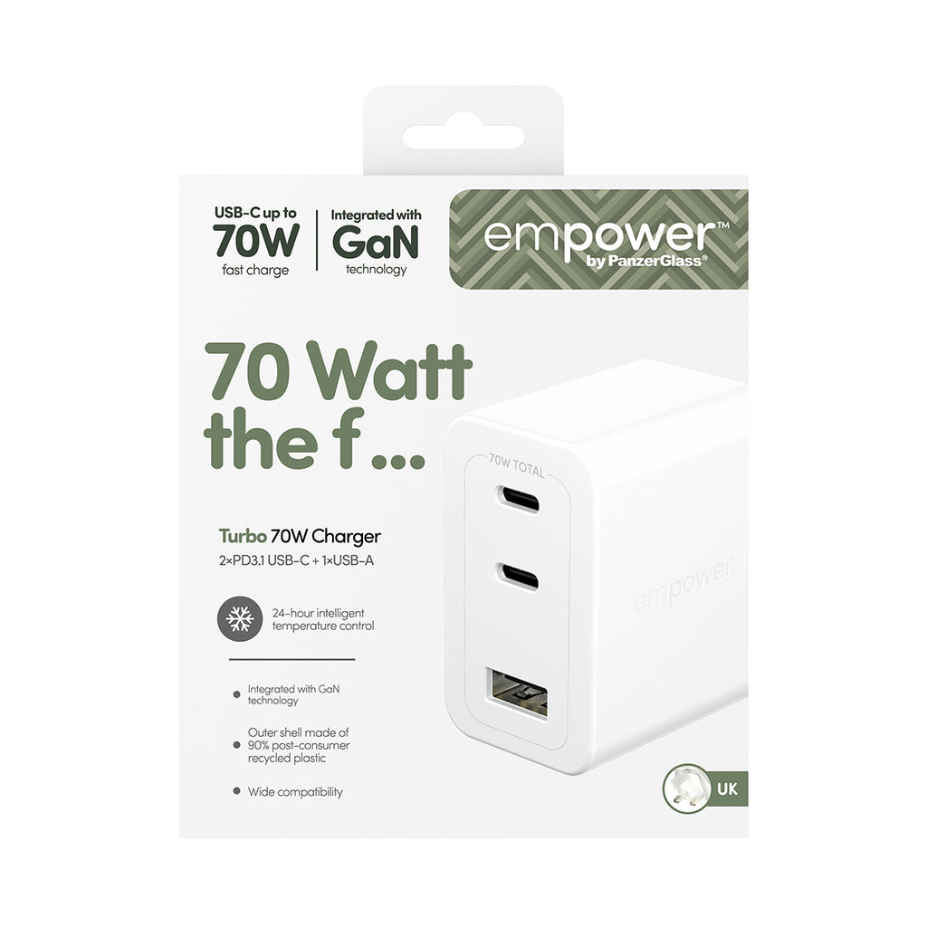 PanzerGlass empower™ by ® Turbo 70W Charger incl. 2 x USB-C + USB-A | UK Plug | Silver White Blanc
