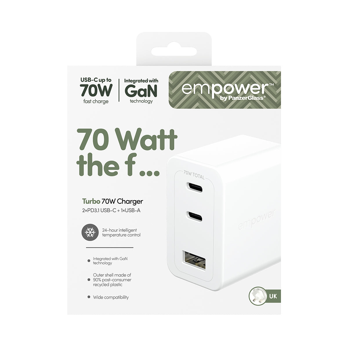 PanzerGlass empower™ by ® Turbo 70W Charger incl. 2 x USB-C + USB-A | UK Plug | Silver White Blanc