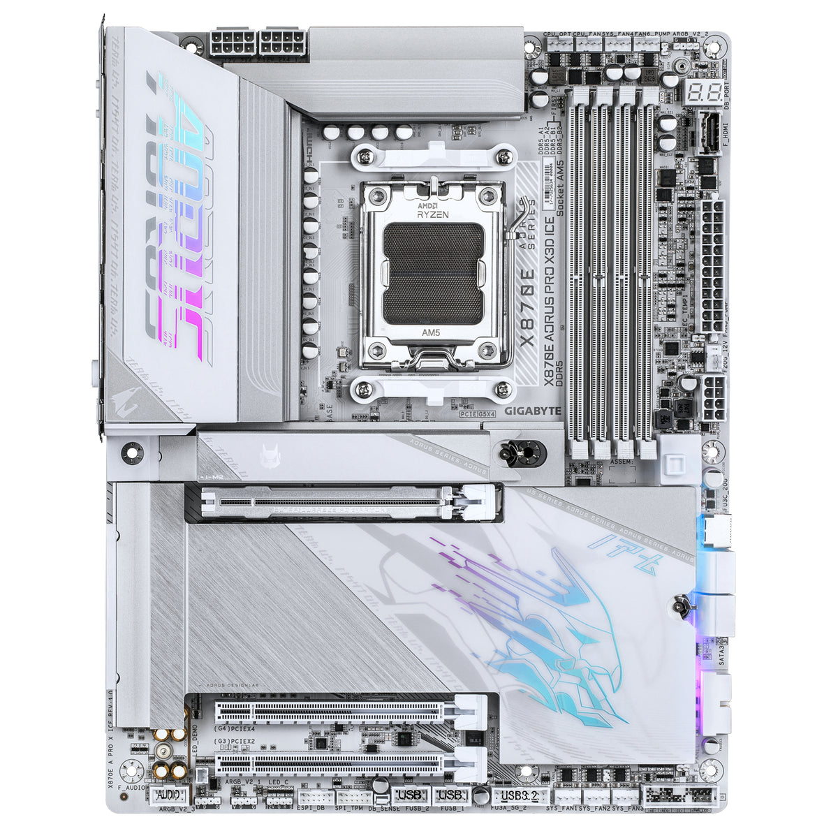 GIGABYTE X870E AORUS PRO X3D ICE Carte Mère – Prend en charge les processeurs AMD Ryzen 9000, VRM numérique 18+2+2 phases, jusqu’à 9000 Hz DDR5 (OC), 2 x PCIe 5.0 + 2 x PCIe 4.0, Wi-Fi 7, LAN 5 GbE, USB 4