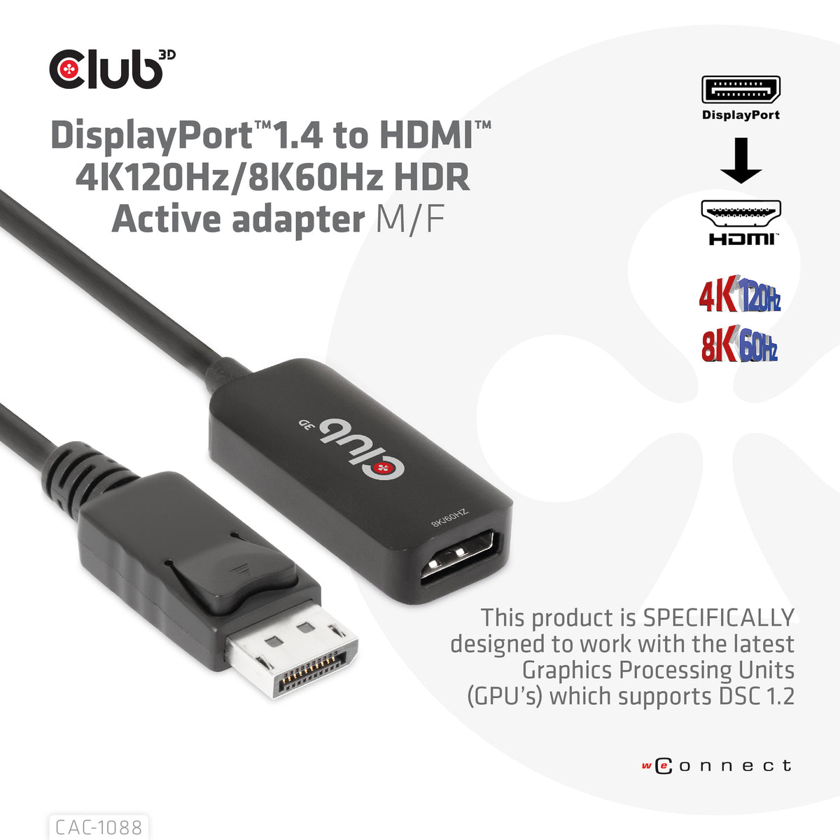 CLUB3D CAC-1088 Câble Adaptateur DisplayPort vers HDMI, Noir, 0,21 m