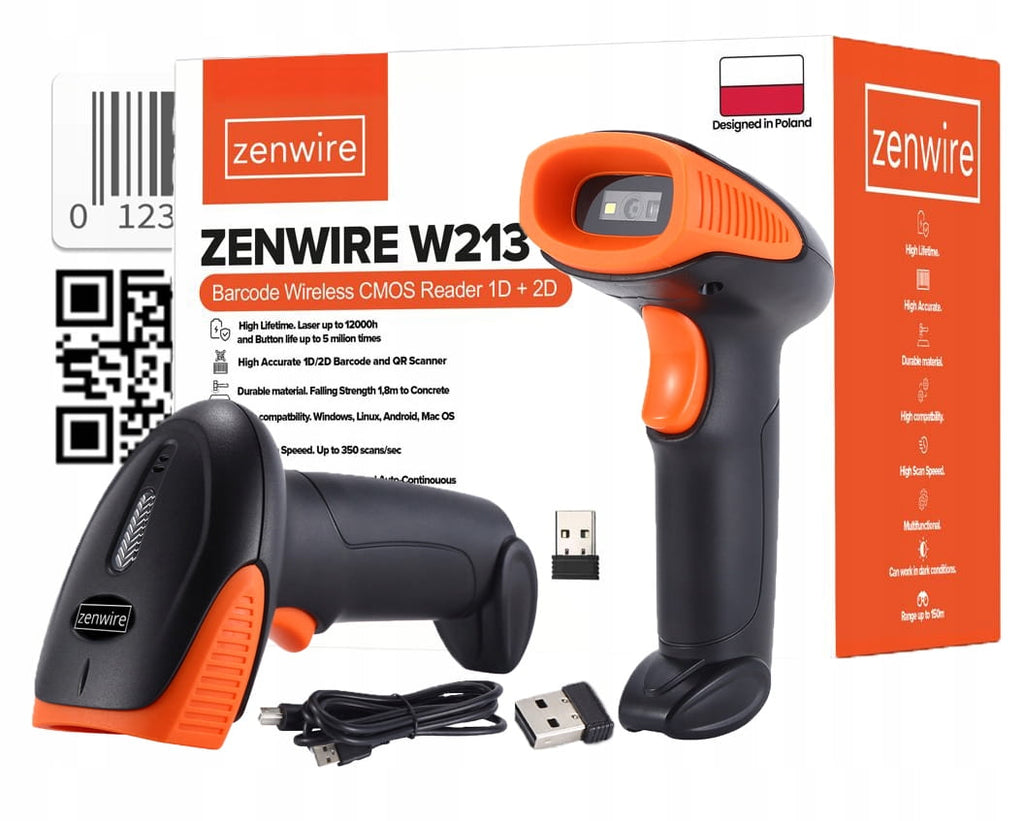 Lecteur de codes-barres et QR USB sans fil 1D/2D avec Wi-Fi Zenwire W213