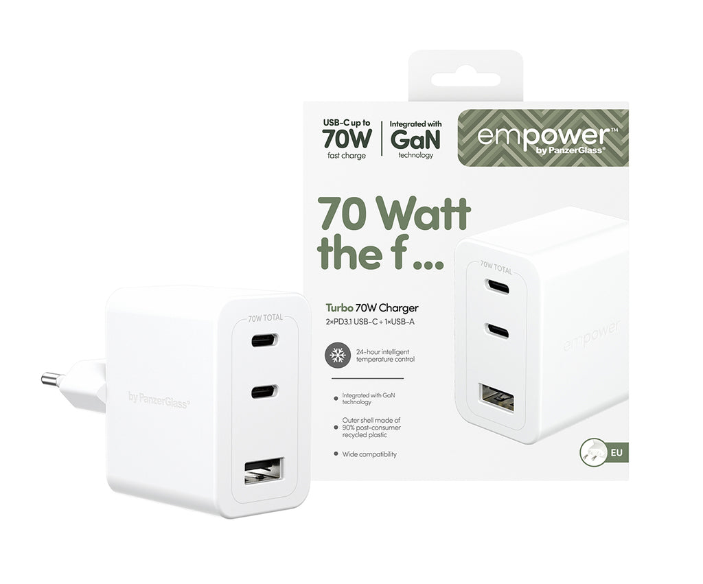 PanzerGlass empower Turbo Chargeur 70W, 2 x USB-C + USB-A, Prise EU, Blanc