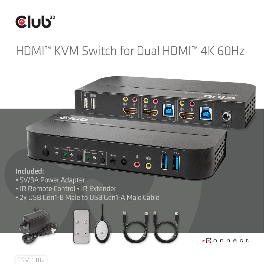 CLUB3D CSV-1382 Commutateur KVM HDMI 4K Ultra HD pour Écran, Clavier et Souris, Noir