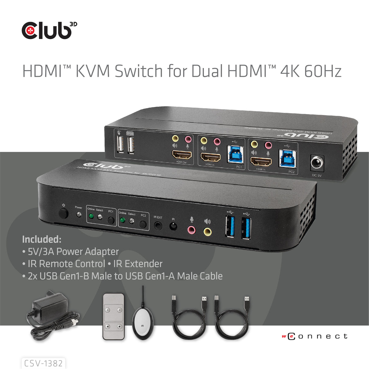 CLUB3D CSV-1382 Commutateur KVM HDMI 4K Ultra HD pour Écran, Clavier et Souris, Noir