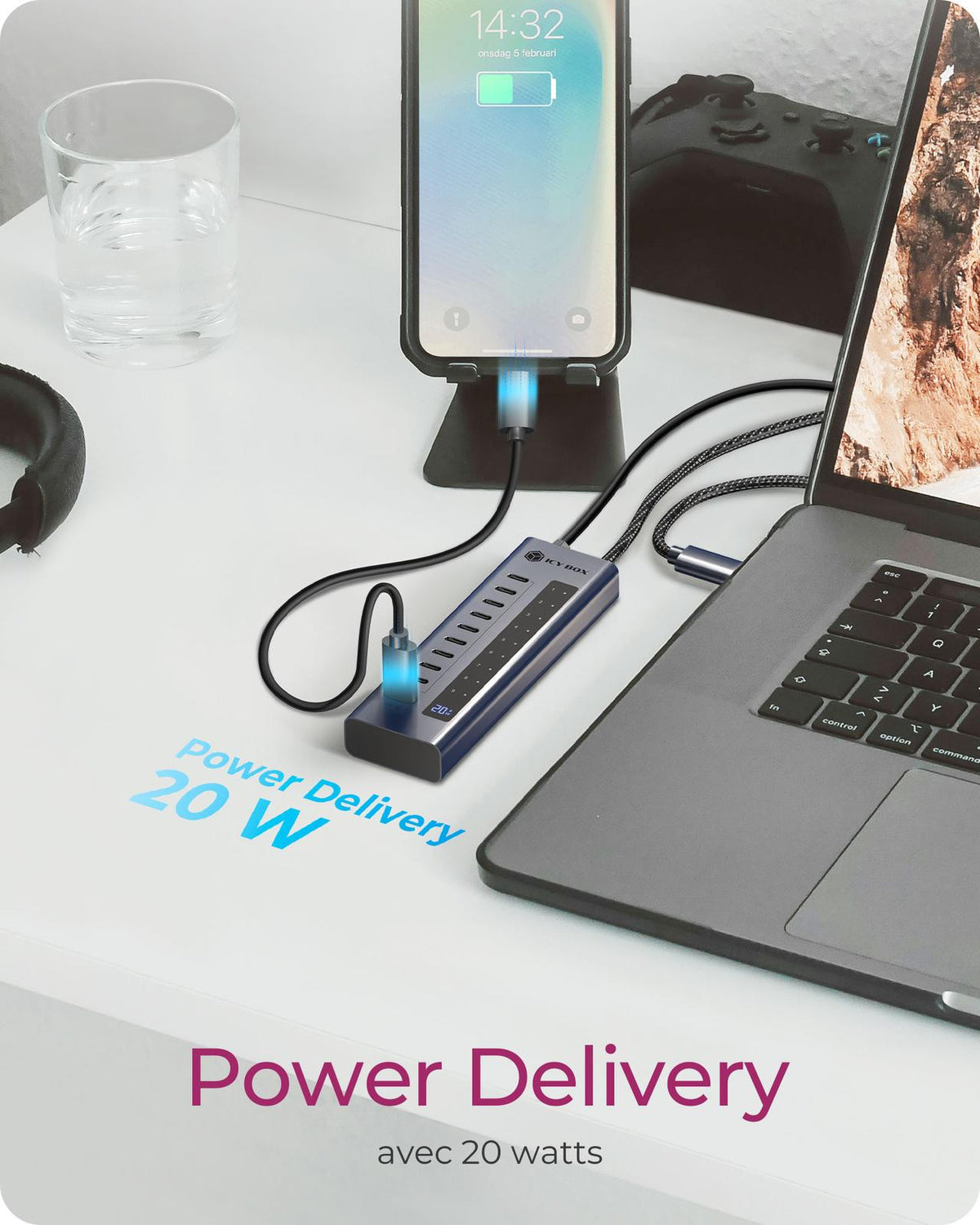 Hub USB Type-C Gen 2 10 ports, Transfert 10 Gbit/s, Power Delivery 20W, Affichage LED, IB-HUB1450-C31