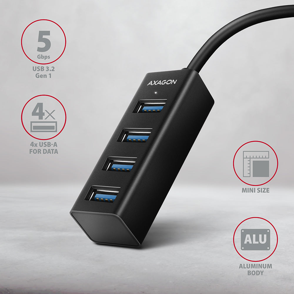 Axagon HUE-M1AL hub & concentrateur USB 3.2 Gen 1 (3.1 Gen 1) Type-A 5000 Mbit/s Noir