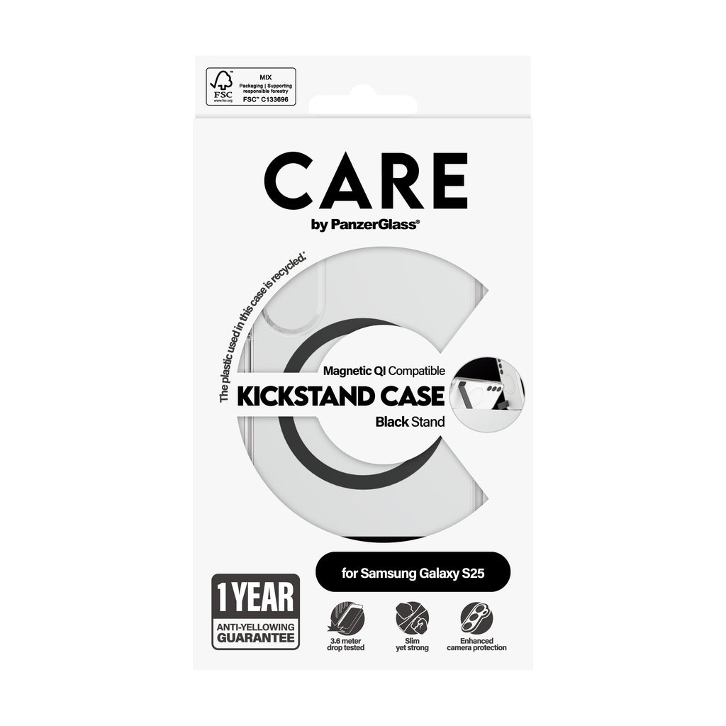 PanzerGlass PanzerGlass CARE™ by ® Case Transparent w. Black Kickstand & Qi Compatible Samsung Galaxy S25 coque de protection pour téléphones portables Housse