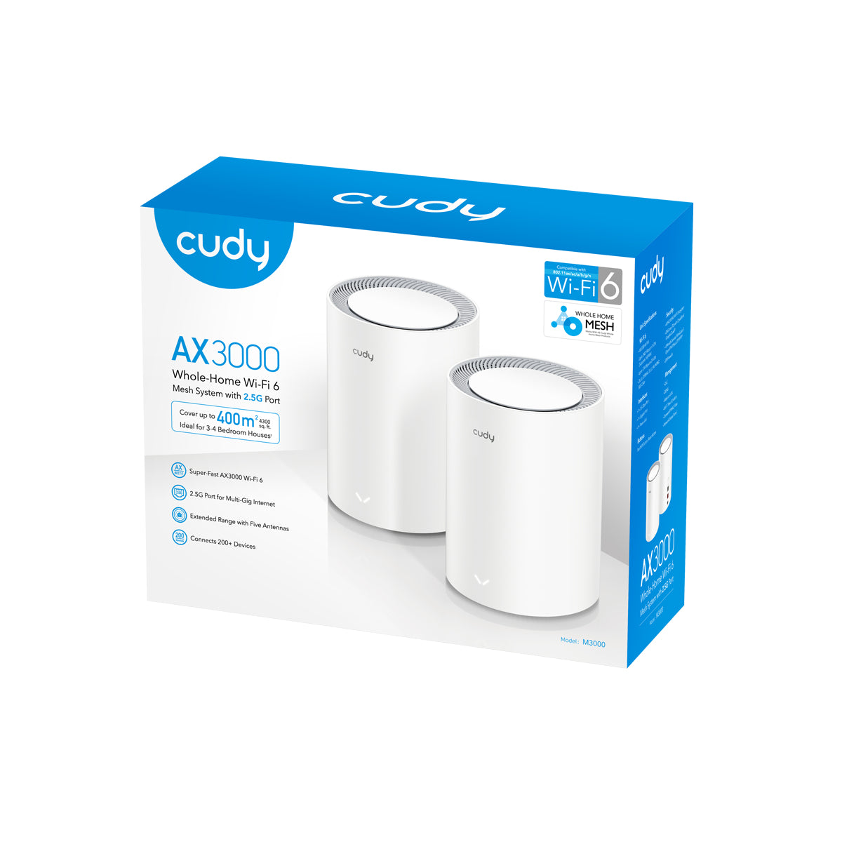 Cudy M3000(2-PACK) V2.0 système Wi-Fi maillé Bi-bande (2,4 GHz / 5 GHz) Wi-Fi 6 (802.11ax) Blanc Interne