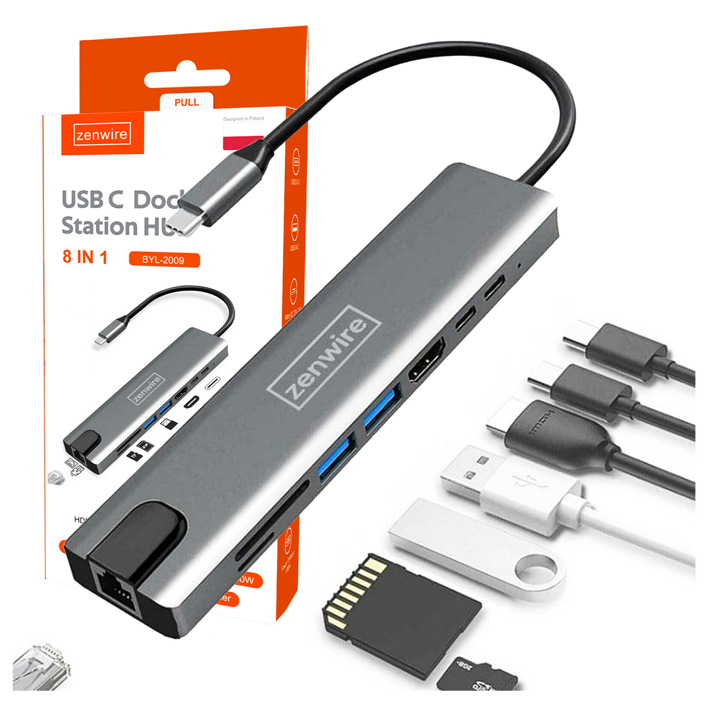 Adaptateur multiport 9-en-1 USB-C, HDMI, RJ45, Fast Ethernet et SD pour MacBook Air, Pro M1, M2, M3 et M4 - Zenwire BYL-2009