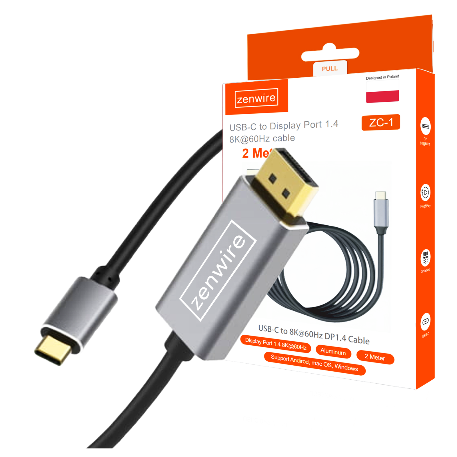 Câble USB-C vers DisplayPort 8K, 5K, 4K, DisplayPort, MacBook, Thunderbolt 3.0/4.0, 240 Hz, Zenwire ZC-1