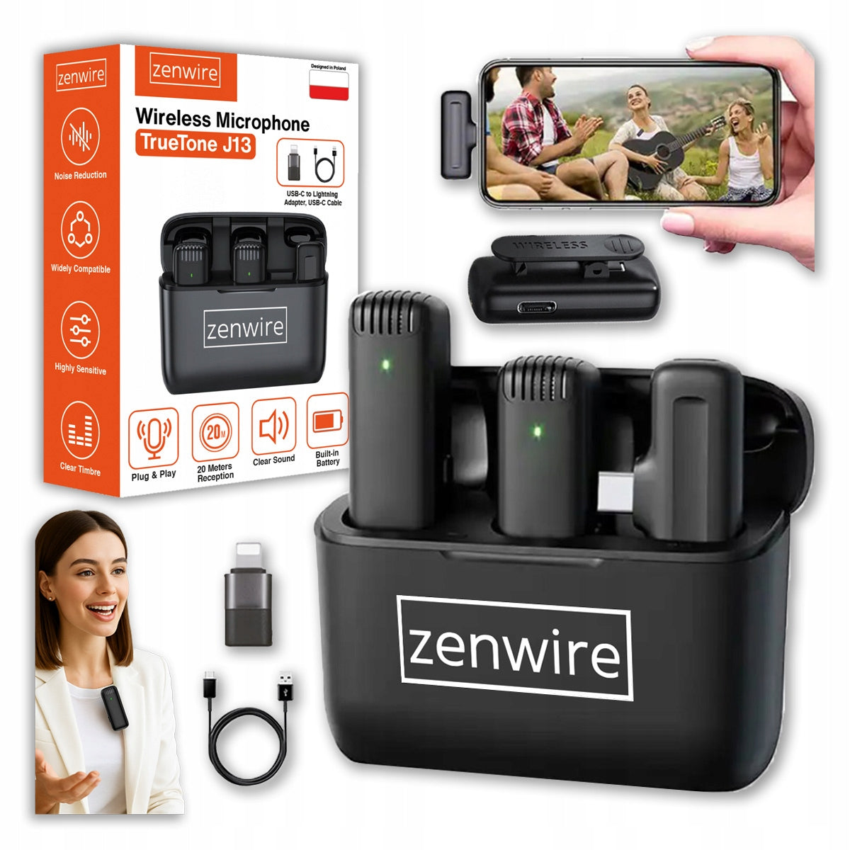 Microphone-cravate sans fil USB-C Bluetooth à effet de surface pour téléphone Zenwire TrueTone J13