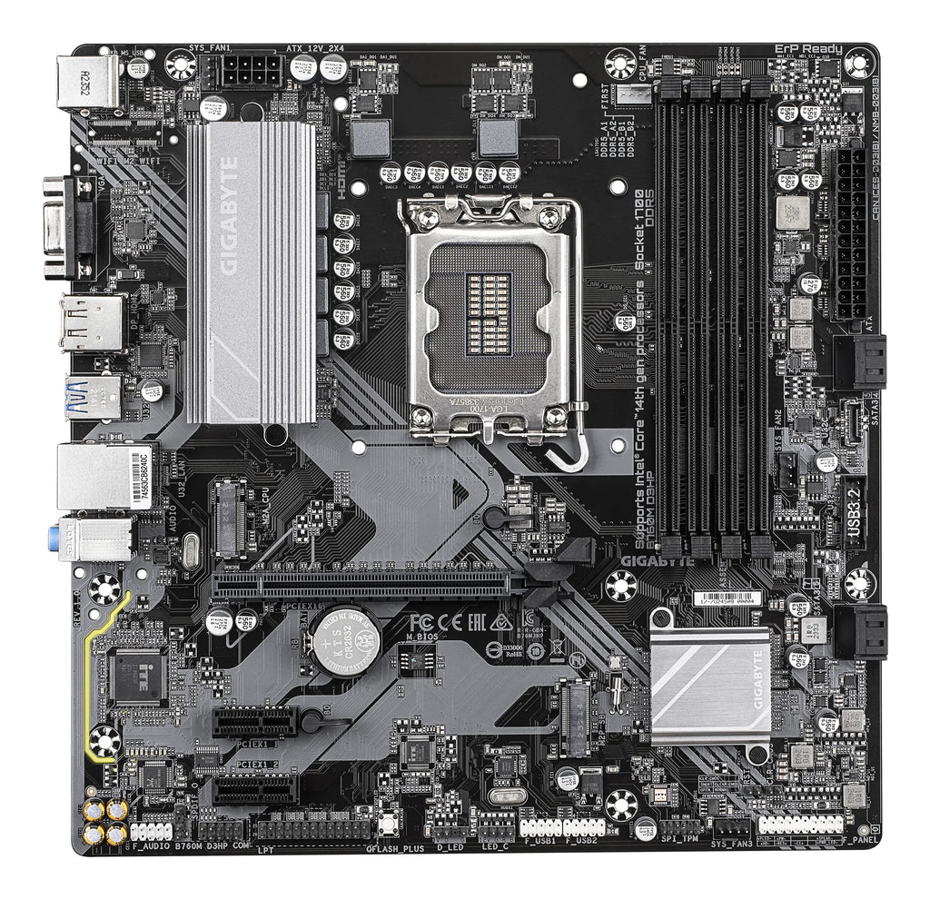 GIGABYTE B760M D3HP Carte Mère - Processeurs Intel Core 14ème Génération, VRM 4+1+1 phases, jusqu'à 5600 MHz DDR5, 2xPCIe 4.0 M.2, LAN GbE, USB 3.2 Gen 1