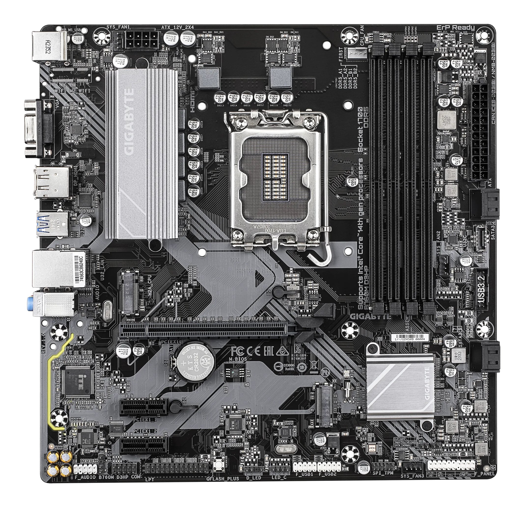 GIGABYTE B760M D3HP Carte Mère - Processeurs Intel Core 14ème Génération, VRM 4+1+1 phases, jusqu'à 5600 MHz DDR5, 2xPCIe 4.0 M.2, LAN GbE, USB 3.2 Gen 1