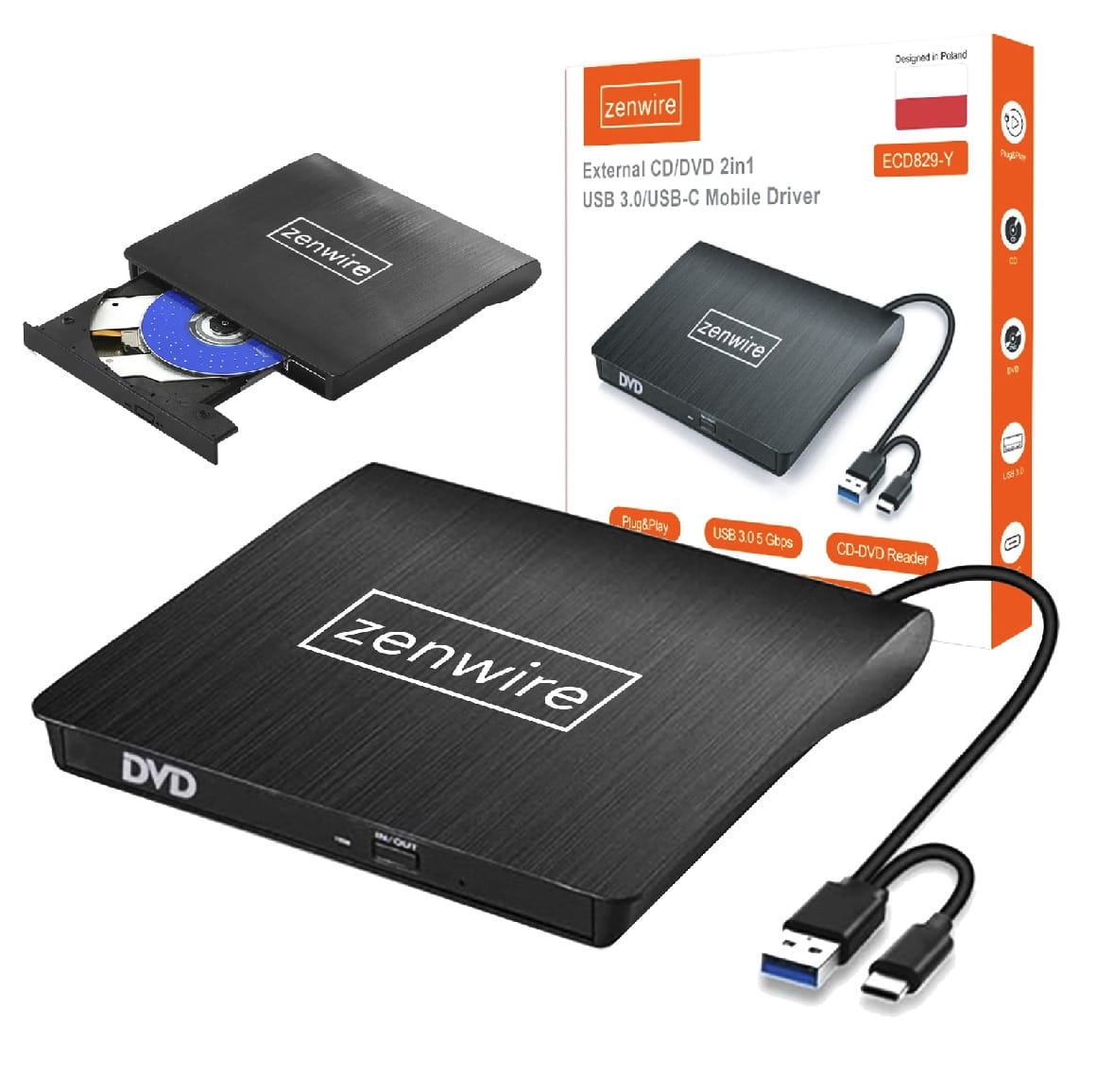 Lecteur/graveur DVD/CD 2-en-1 externe et portable, USB 3.0 et USB-C, pour ordinateur portable, Zenwire ECD829-Y
