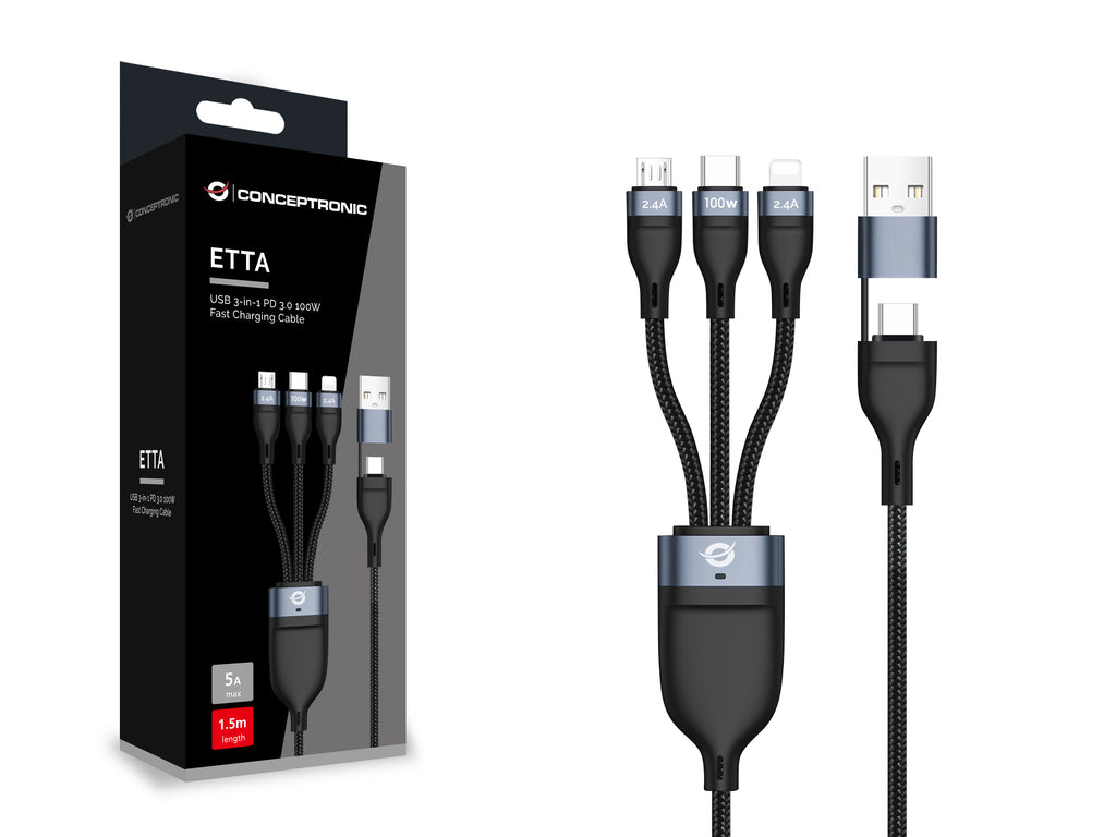 Conceptronic ETTA06B15 câble USB USB 2.0 1,5 m USB C USB C/Micro-USB B/Lightning 0,48 Gbit/s 100 W Noir