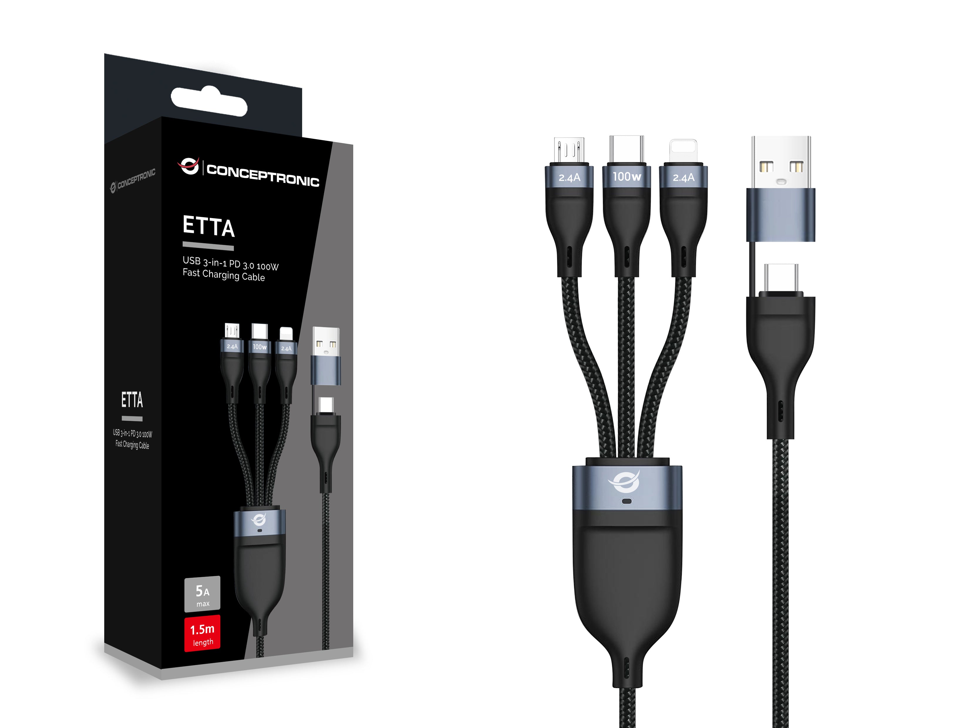 Conceptronic ETTA06B15 câble USB USB 2.0 1,5 m USB C USB C/Micro-USB B/Lightning 0,48 Gbit/s 100 W Noir