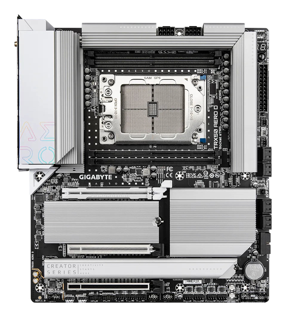 GIGABYTE TRX50 AERO D Carte mère - Compatible avec AMD Ryzen Threadripper 9000 Series CPUs, 16+8+4 Phases Digital VRM, up to 7800MHz DDR5 (OC), 3xPCIe 5.0 + 1xPCIe 4.0 M.2, Wi-Fi 7, 10GbE LAN, USB4
