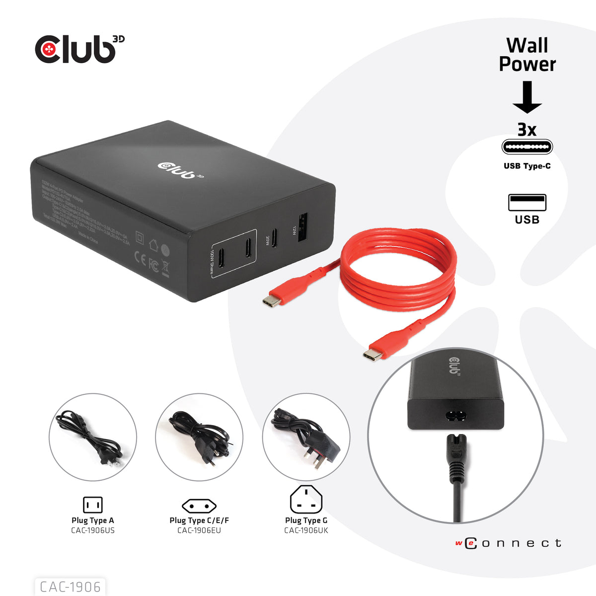 CLUB3D CAC-1906 Chargeur Universel pour Appareils Mobiles, Noir, 3 Ports USB-C