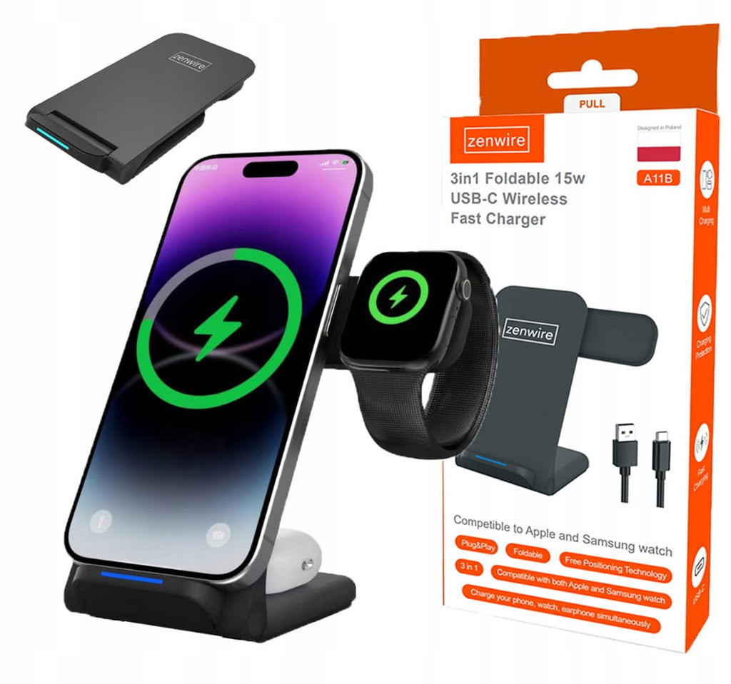 Chargeur sans fil à induction 3-en-1 USB-C pour iPhone, Samsung et Apple Watch, norme Qi, 15 W, Zenwire A11B