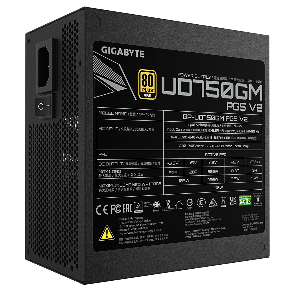 GIGABYTE UD750GM PG5 V2 Bloc d’Alimentation – PCIe Gen 5.1, 80 PLUS Gold, Conception entièrement modulaire, Ventilateur 120 mm, Compatible ATX 3.1, Prise EU