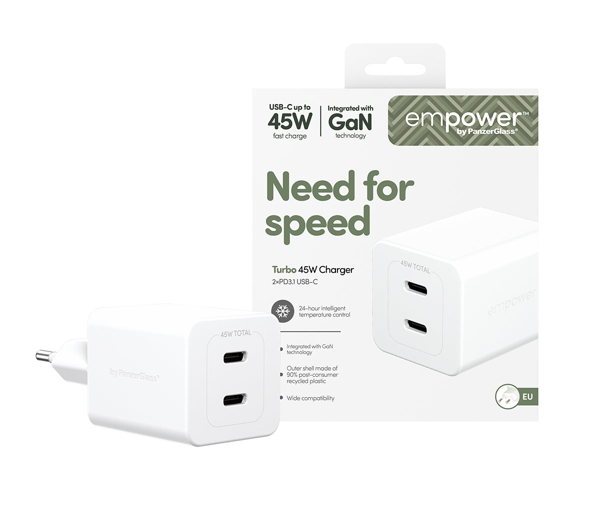 PanzerGlass empower™ by ® Turbo 45W Charger incl. 2 x USB-C | EU Plug | Silver White Smartphone Blanc Secteur Charge rapide Intérieure