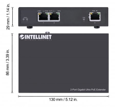 Intellinet Prolongateur Ultra PoE Gigabit 2 ports, Extension 100m, Budget 60W, IEEE 802.3bt/at/af, Boîtier Métal