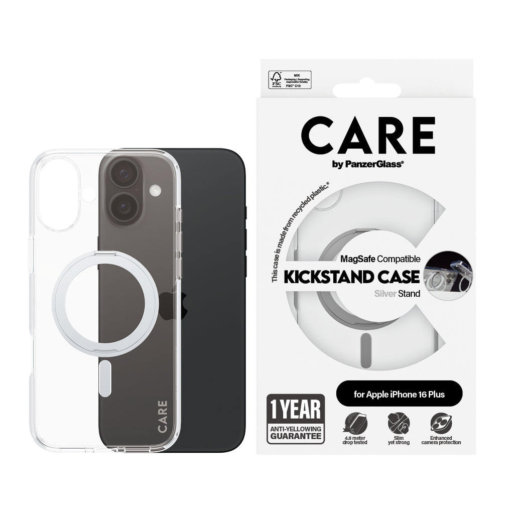 PanzerGlass CARE™ by ® Case Transparent w. Silver Kickstand & MagSafe iPhone 16 Plus coque de protection pour téléphones portables Housse