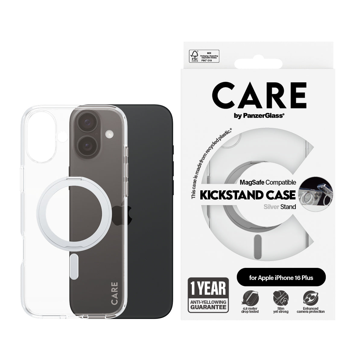 PanzerGlass CARE™ by ® Case Transparent w. Silver Kickstand & MagSafe iPhone 16 Plus coque de protection pour téléphones portables Housse
