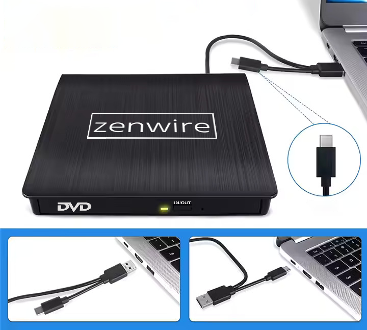 Lecteur/graveur DVD/CD 2-en-1 externe et portable, USB 3.0 et USB-C, pour ordinateur portable, Zenwire ECD829-Y
