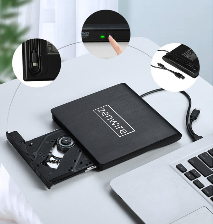 Lecteur/graveur DVD/CD 2-en-1 externe et portable, USB 3.0 et USB-C, pour ordinateur portable, Zenwire ECD829-Y