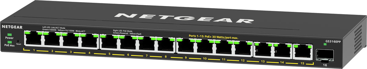 NETGEAR GS316EPP Géré Gigabit Ethernet (10/100/1000) Connexion Ethernet, supportant l'alimentation via ce port (PoE) Noi