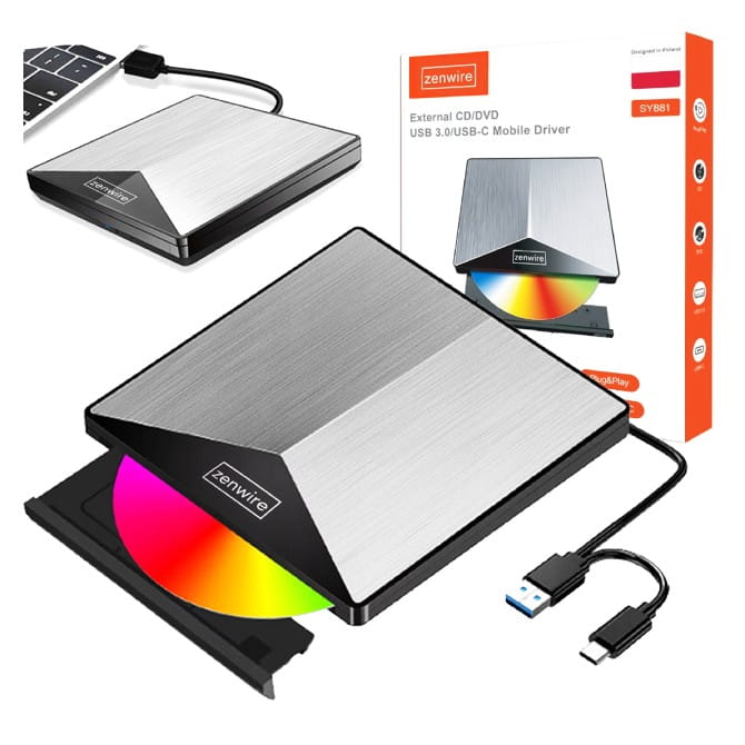 Lecteur externe portable DVD/CD-RW 2-en-1 avec ports USB 3.0 et USB-C 3.1 pour ordinateur portable et PC - Graveur en aluminium Zenwire SY881