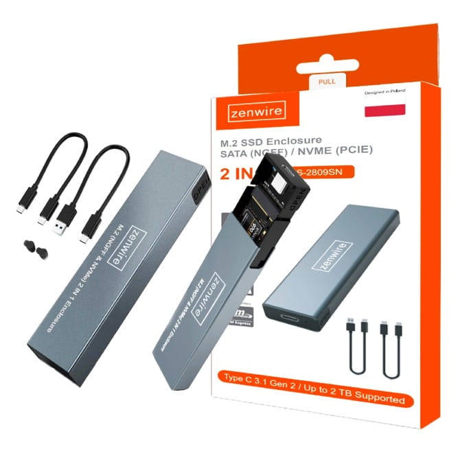 Boîtier de transport pour SSD NVMe/SATA PCIe M.2 USB-C M.2 Gen 2 10 Gbit/s Zenwire BS-2809SN