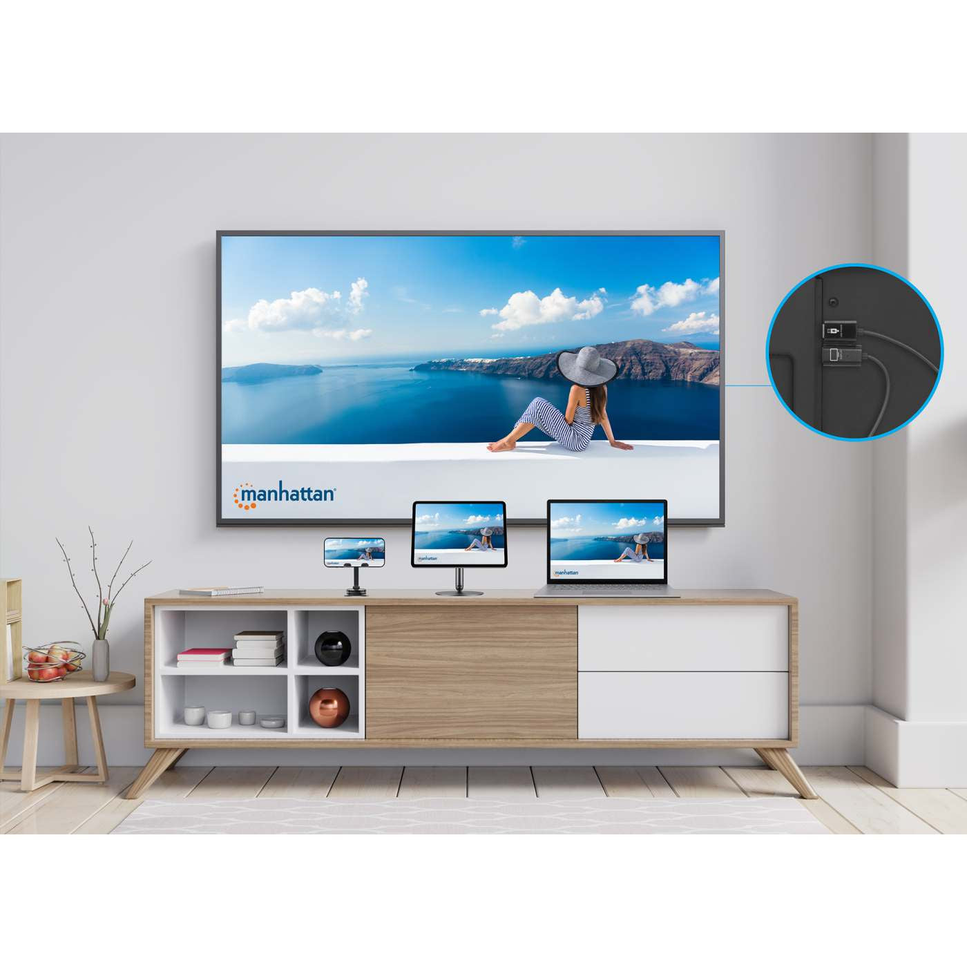 Manhattan Kit de présentation sans fil HDMI 1080p, ensemble de 2 pièces avec récepteur HDMI et émetteur USB-C type dongle, pour diffusion vidéo sans fil depuis un ordinateur portable, une tablette ou un smartphone vers un téléviseur ou un projecteur 