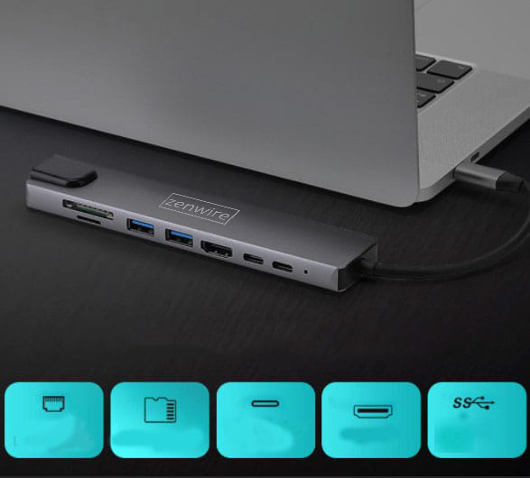 Adaptateur multiport 9-en-1 USB-C, HDMI, RJ45, Fast Ethernet et SD pour MacBook Air, Pro M1, M2, M3 et M4 - Zenwire BYL-2009