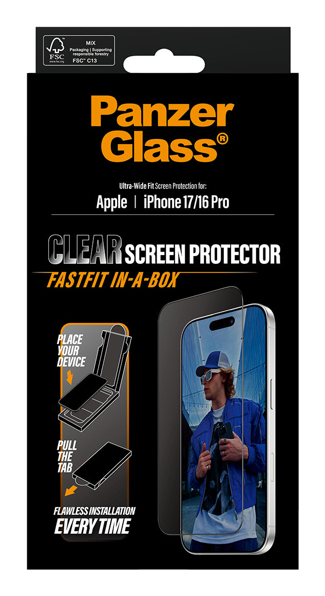PanzerGlass ® Screen Protector iPhone 17 | iPhone 16 Pro | Ultra-Wide Fit w. Fastfit in-a-box Protection d'écran transparent Apple 1 pièce(s)
