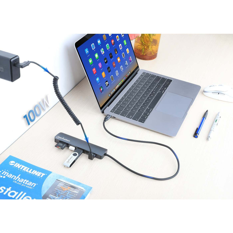 Manhattan Dock/hub USB-C avec lecteur de cartes, 5 ports : HDMI, 2x USB-A + 2x USB-C, avec Power Delivery (PD) 100 W - nécessite un chargeur USB-C externe (non inclus). Alimenté par USB (aucune alimentation externe requise) lorsque le PD n’est pas ut