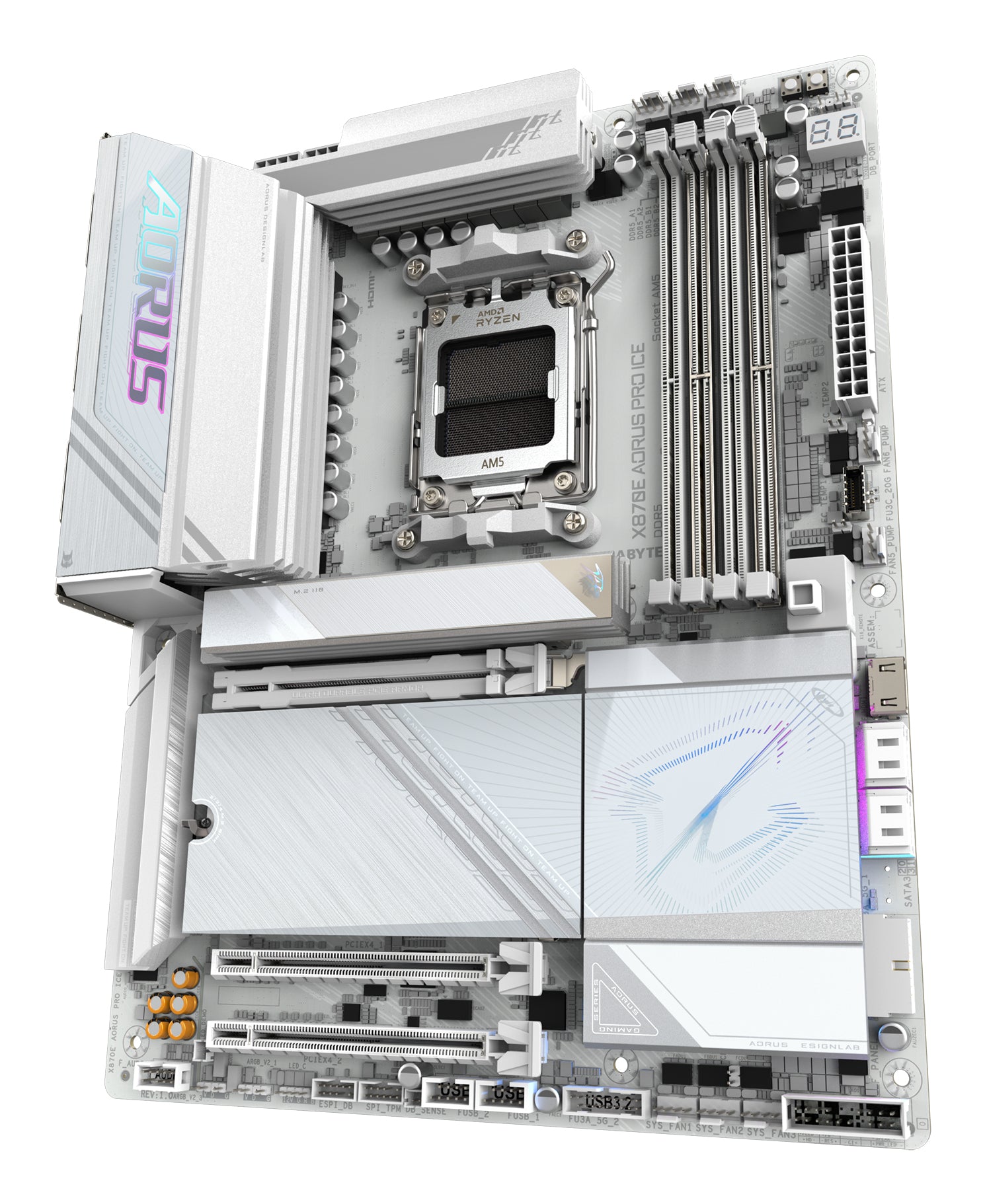 GIGABYTE X870E AORUS PRO ICE Carte Mère - Prend en charge les processeurs AMD Ryzen 9000, 16+2+2 Phases VRM Digital, jusqu'à 8000MHz DDR5 (OC), 3xPCIe 5.0 + 1xPCIe 4.0, Wi-Fi 7, 2.5GbE LAN, USB 4