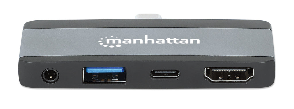Manhattan Dock/hub de voyage USB-C, 4 ports : HDMI, USB-A, USB-C et audio 3,5 mm, avec Power Delivery (PD) 100 W - nécessite un chargeur USB-C externe (non inclus). Alimenté par USB (aucune alimentation externe requise) lorsque le PD n’est pas utilis
